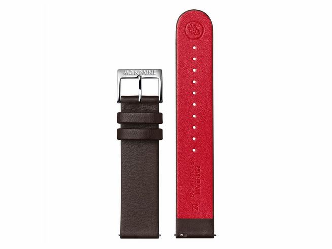 Das Bild zeigt ein Mondaine Uhren Lederarmband FGM.3120.70Q.K aus veganem Traubenleder in Braun mit einer roten Innenseite und einer silbernen Schließe. Das Band hat eine Breite von 20 mm.