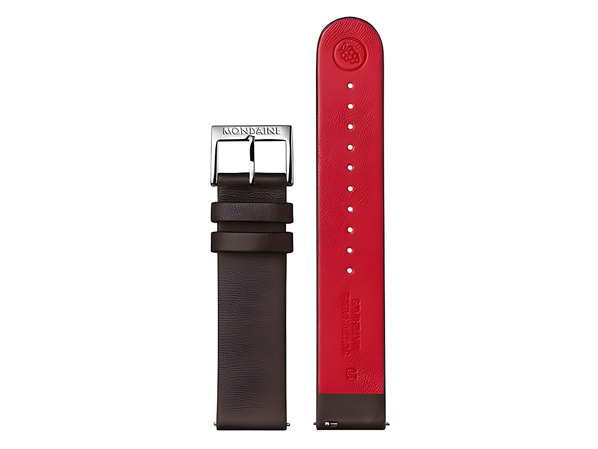 Das Bild zeigt ein Mondaine Uhren Lederarmband FGM.3120.70Q.K aus veganem Traubenleder in Braun mit einer roten Innenseite und einer silbernen Schließe. Das Band hat eine Breite von 20 mm.