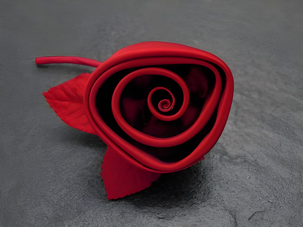 Haarschmuck in Form einer roten Satinrose mit zarten Blättern, ideal als Brosche von Juwelier Harnisch, verleiht jedem Outfit floralen Charme.
