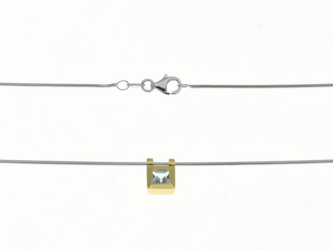 Kette aus Gelbgold und Weißgold mit einem Blautopas im Mittelteil, Länge 44 cm, Hersteller Juwelier Harnisch. Elegantes Design für einen zeitlosen Look.
