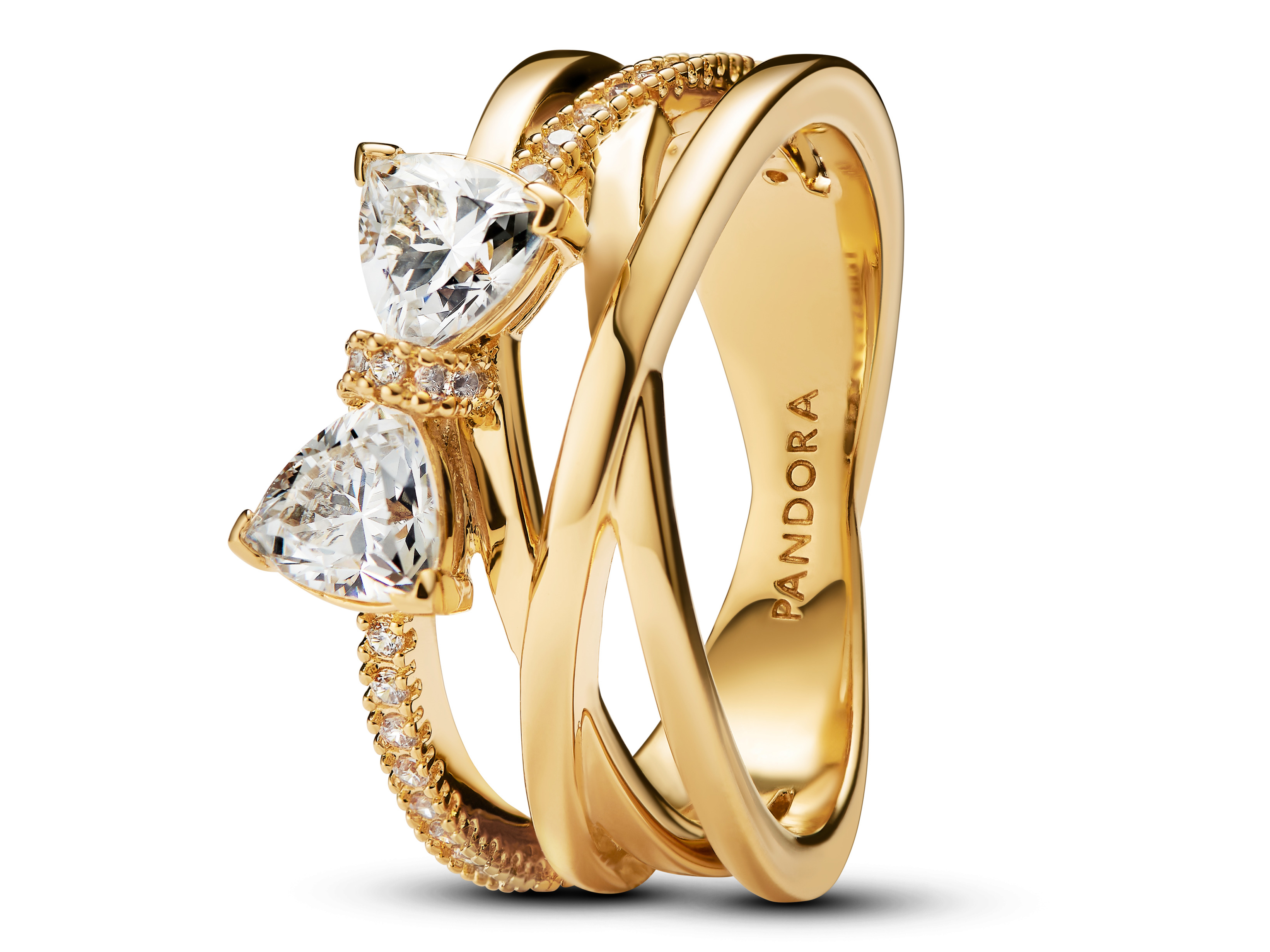 Pandora 163511C01-60 Schleife - Gelbgold verg. Ring mit klarem Zirkonia - Gr. 60 Pandora 163511C01-48 Schleife aus vergoldetem Metall mit zwei großen, klaren Zirkonia-Steinen und feinem Detail, ideal für elegante Anlässe, Größe 48.