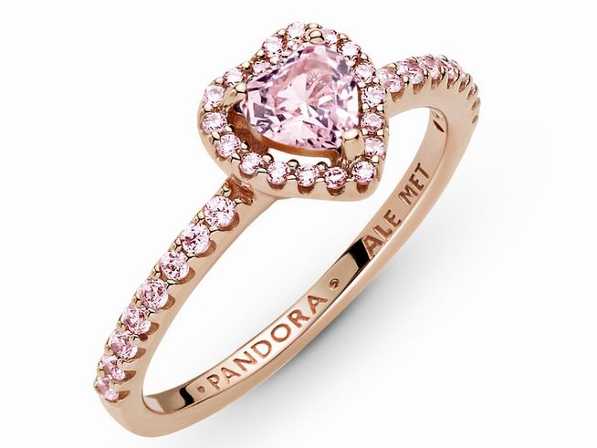 188421648-0 Funkelnder Pandora Ring in Roségold Vergoldung mit herzförmigem pink Kristall und zarten kleinen Kristallen entlang des Rings, Größe 48.