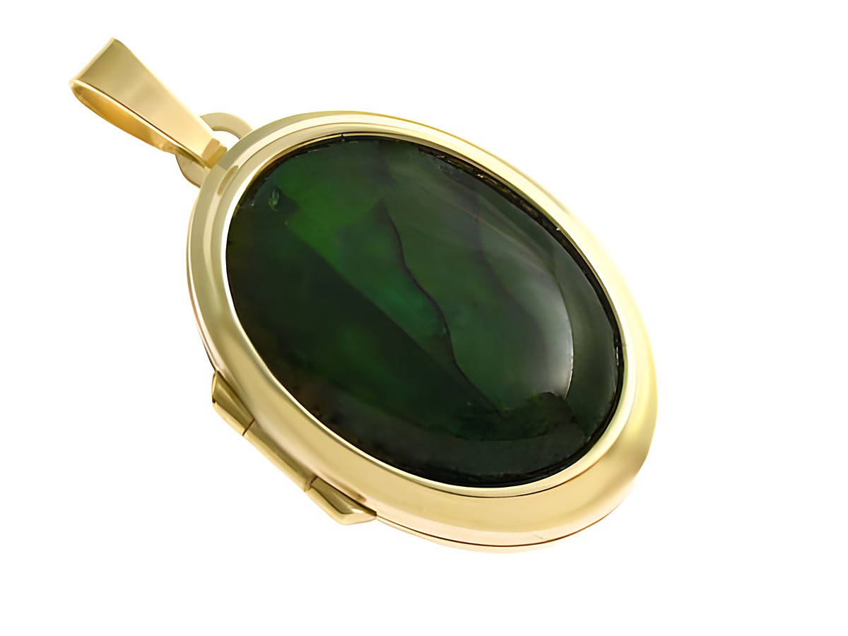 Perlmutt Cabochon in grün eingefasst in ein Gold 750 Medaillon, Hersteller Juwelier Harnisch, elegante und hochwertige Verarbeitung, ideal als Schmuckstück für besondere Anlässe.