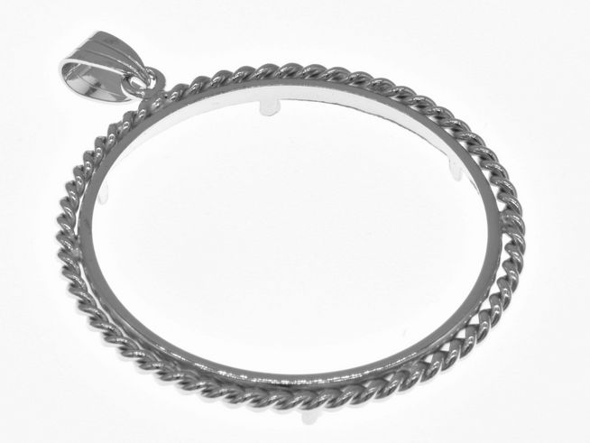 Münzfassung Anhänger aus rhodiniertem 925 Sterling Silber mit einer maximalen Münzgröße von 38 mm und Kordeldesign, geeignet für Münzen bis 4,0 cm Durchmesser, Hersteller Juwelier Harnisch.