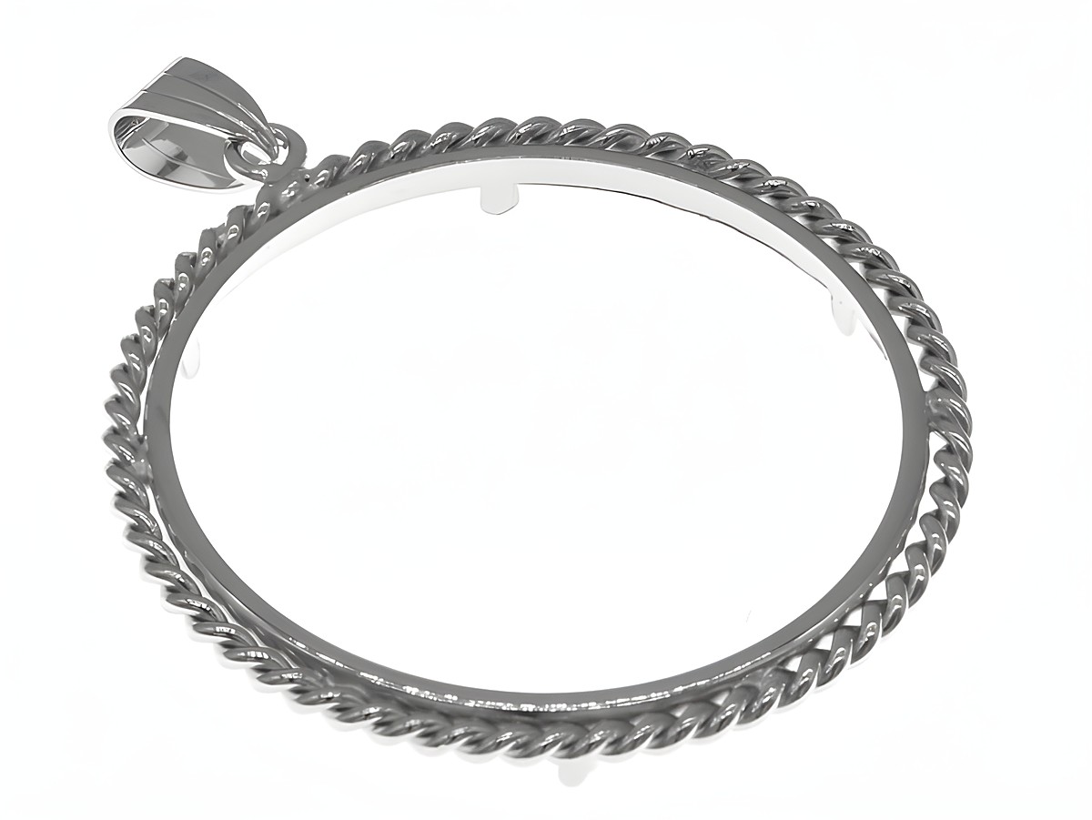 Münzfassung Anhänger aus rhodiniertem 925 Sterling Silber mit einer maximalen Münzgröße von 38 mm und Kordeldesign, geeignet für Münzen bis 4,0 cm Durchmesser, Hersteller Juwelier Harnisch.