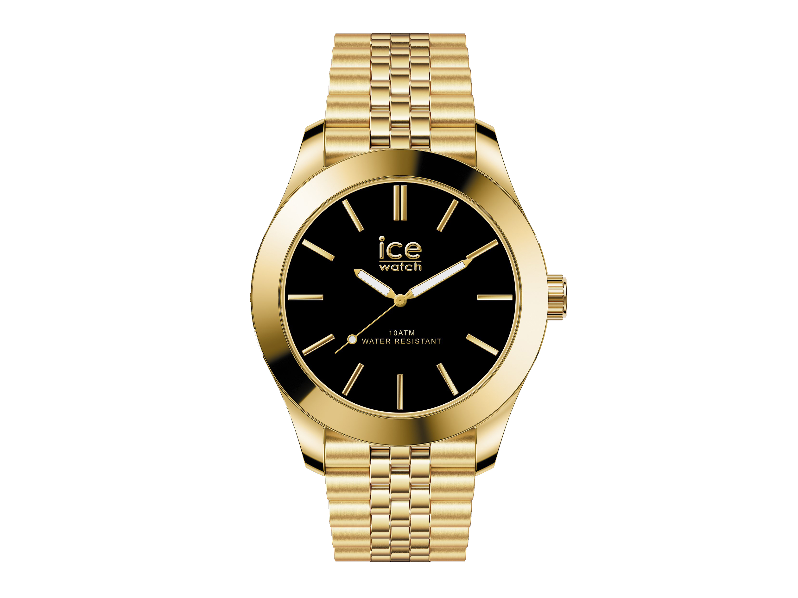 Die Ice Watch 024746 ICE steel in Schwarz und Gold zeigt ein elegantes Ziffernblatt mit goldenen Indizes und einem stabilen Armband sowie einer Wasserdichtigkeit von 10 ATM.