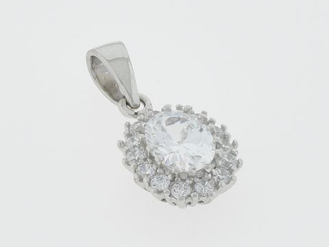 Silber Anhänger oval silber glitzernd Zirkonia klar Hersteller Juwelier Harnisch Zirkonia. Der Anhänger zeigt einen großen ovalen Stein, umgeben von kleinen funkelnden Zirkonia.