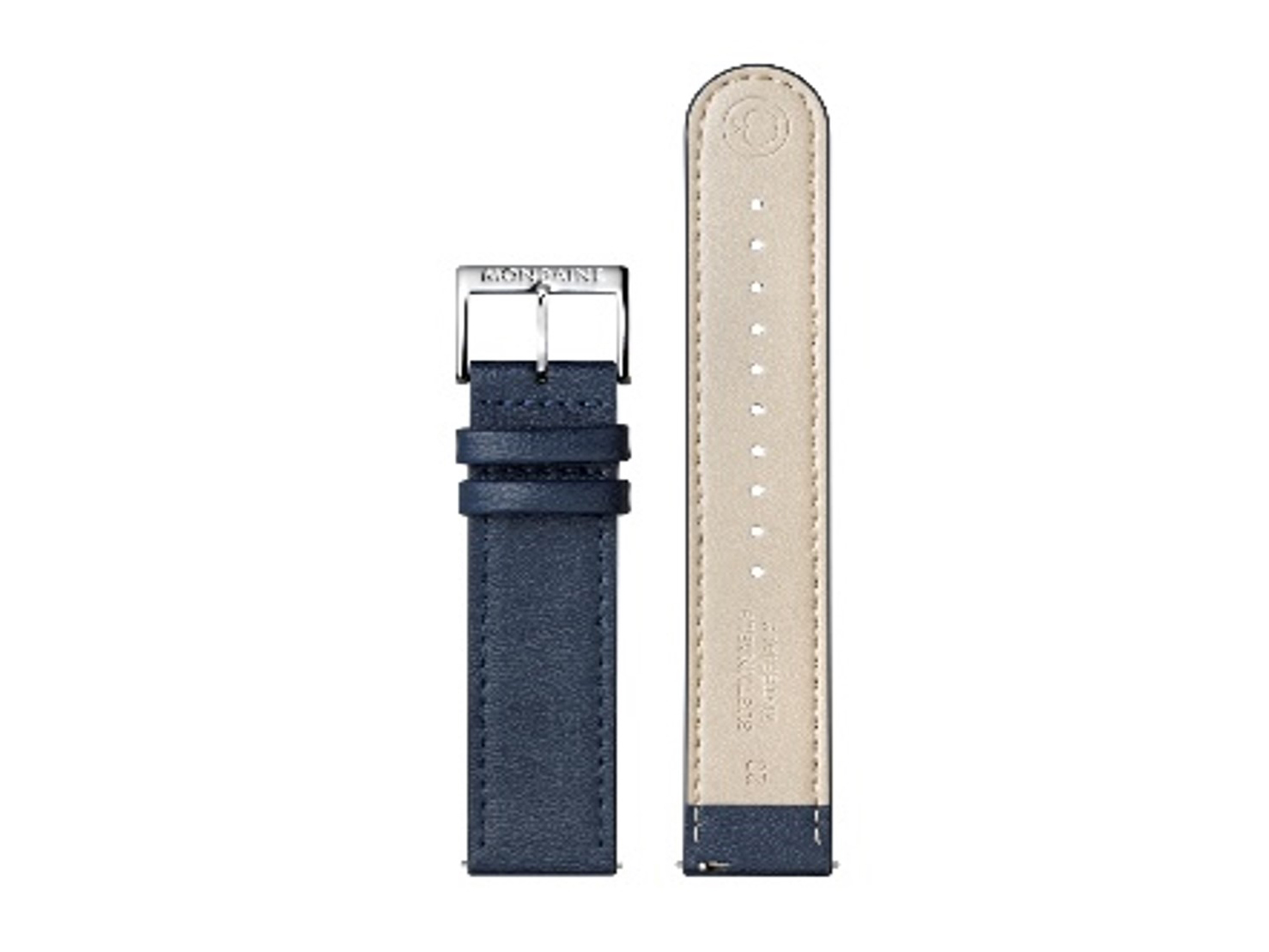 Lederarmband FVM.3120.42Q.K von Mondaine in Blau aus veganem Apfelleder, 20 mm breit, geeignet als Ersatz für verschiedene Mondaine Uhrenmodelle, elegant und umweltfreundlich.