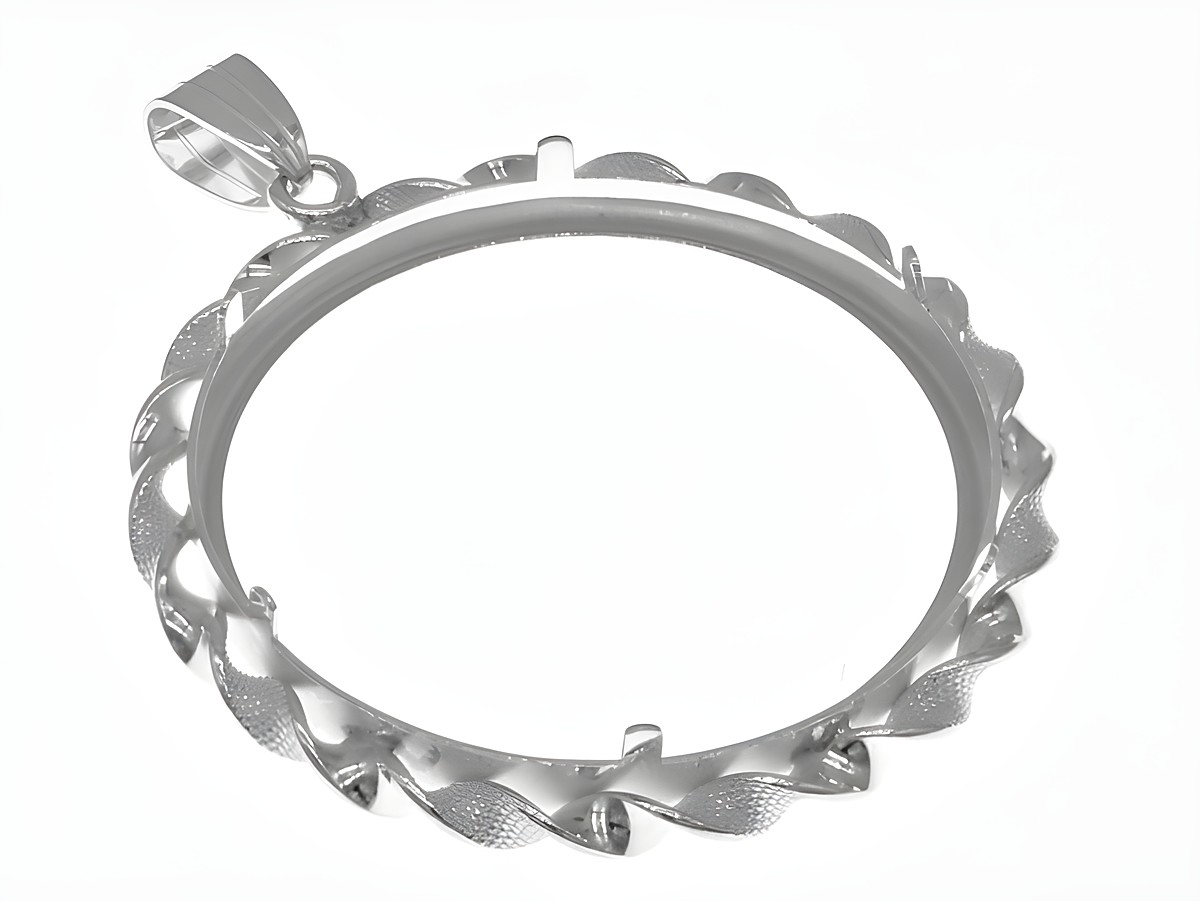 Münzfassung Anhänger aus 925 Sterling Silber mit dekorativer Kordel, passend für Münzen bis 4,0 cm Durchmesser, hergestellt von Juwelier Harnisch. – Ansicht 2