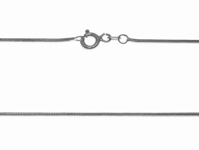 Sterling Silber Kette rhodiniert im Schlangenmuster, 45 cm lang und 1 mm dick, hergestellt von Juwelier Harnisch, mit einem praktischen Karabinerverschluss, elegant und zeitlos.