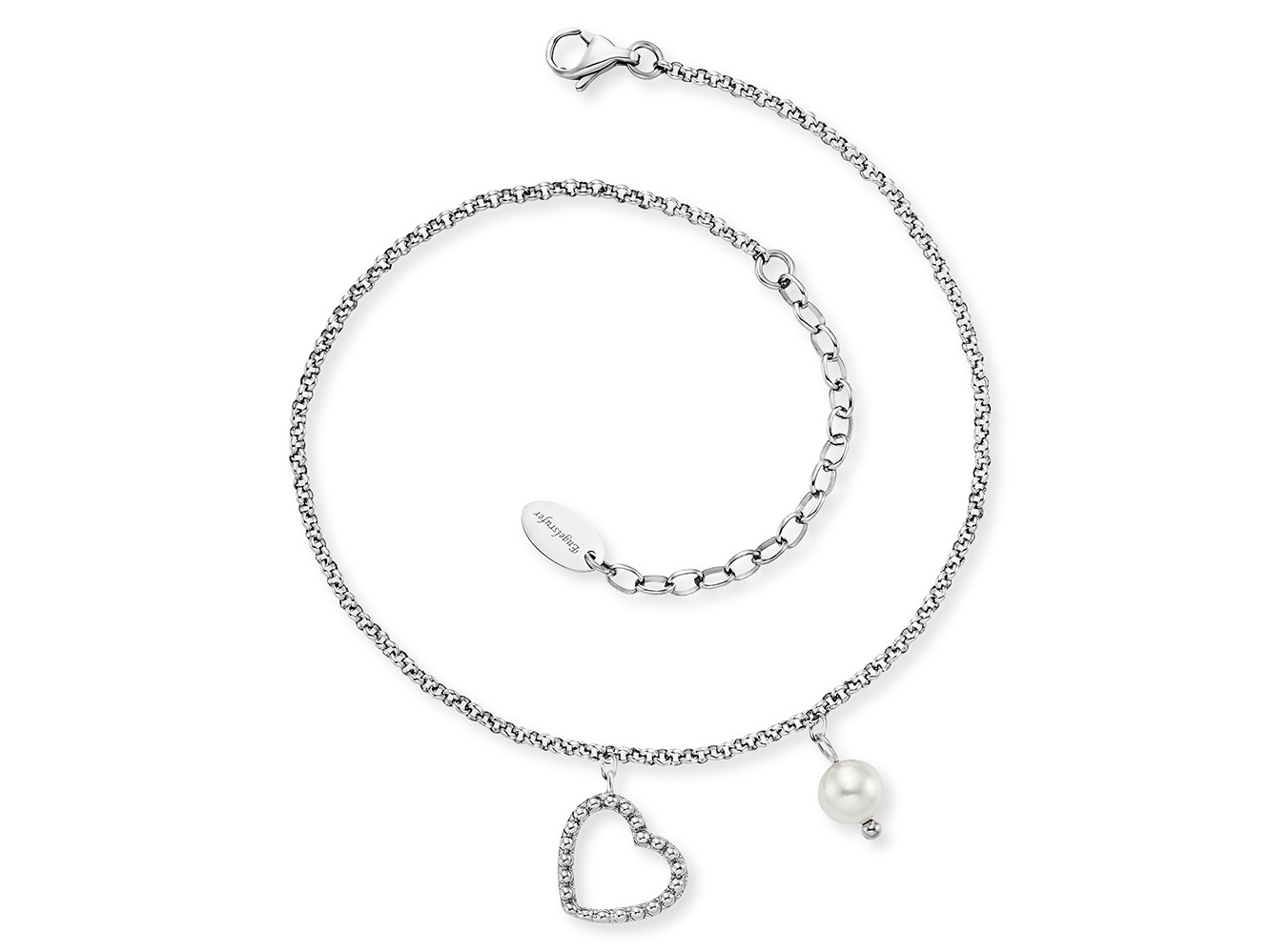 Engelsrufer ERFS-HEART-PE Fußkette Herz Edelstahl mit Perle - 22 + 5 cm Edelstahl Fußkette von Engelsrufer mit einem filigranen Herzanhänger, verziert mit Strasssteinen, und einer Perle, verstellbar von 22 bis 27 cm, eleganter Schmuck für jeden Anlass.