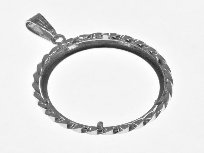 Münzfassung Anhänger aus echt Silber rhodiniert mit Kordel-Design, geeignet für Münzen bis 30,6 mm Durchmesser, hergestellt von Juwelier Harnisch, ideal für bis zu 3,5 cm große Münzen.