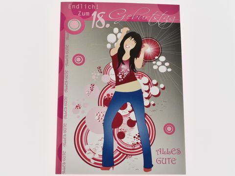 Eine farbenfrohe Geburtstagskarte zum 18. Geburtstag mit einer stilisierten Tänzerin im Vordergrund und grafischen Elementen in verschiedenen Farben. Der Text wünscht Alles Gute und feiert das besondere Alter.