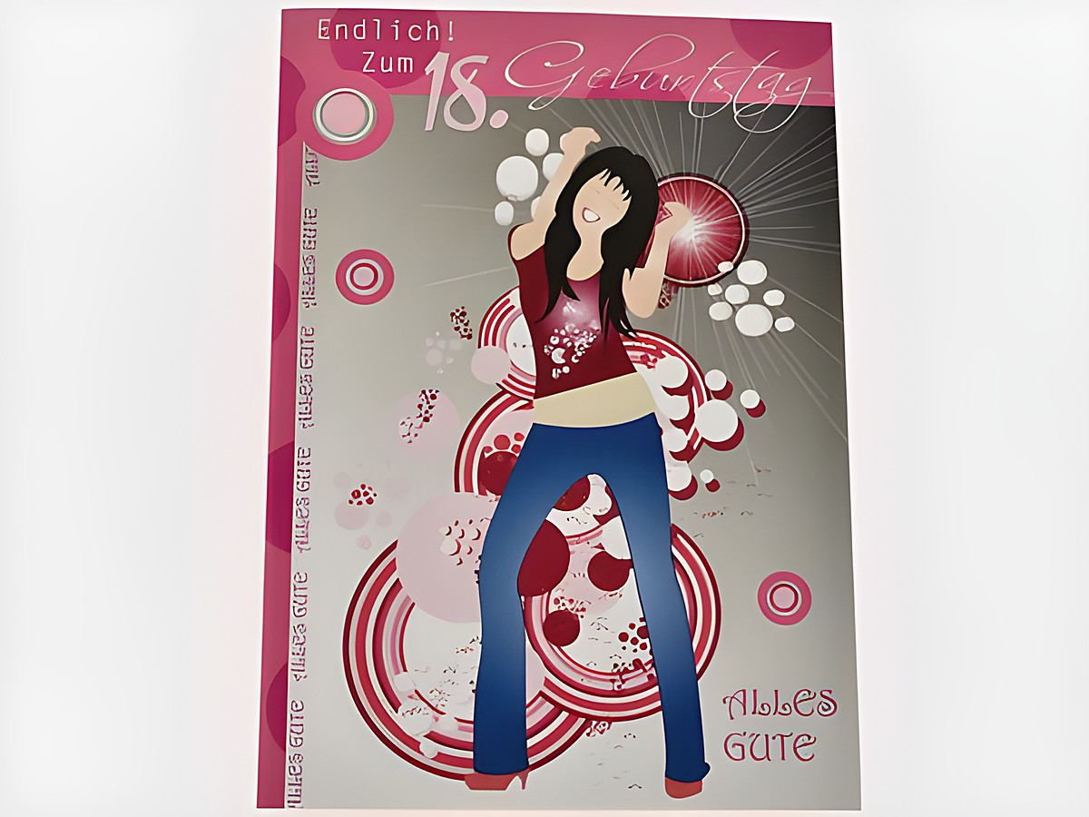 Eine farbenfrohe Geburtstagskarte zum 18. Geburtstag mit einer stilisierten Tänzerin im Vordergrund und grafischen Elementen in verschiedenen Farben. Der Text wünscht Alles Gute und feiert das besondere Alter.