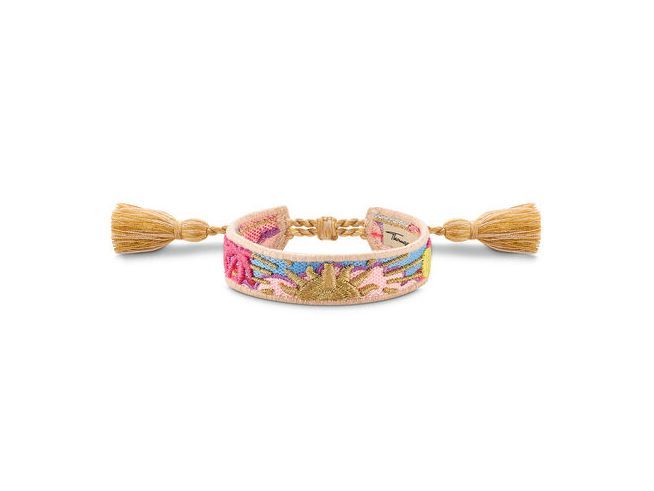 Gewebtes Armband von Thomas Sabo in mehrfarbig mit goldenen Sonnenmotiven, dekoriert mit fransigen Enden, verstellbar von 15 bis 24 cm, perfektes Schmuckstück für individuelle Styles.