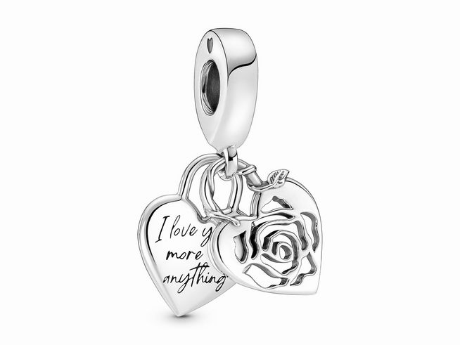 Pandora Rose Vorhängeschloss Charm beweglich aus Silber mit einem herzförmigen Anhänger und einer Rose, die die Worte I love you more than anything trägt.