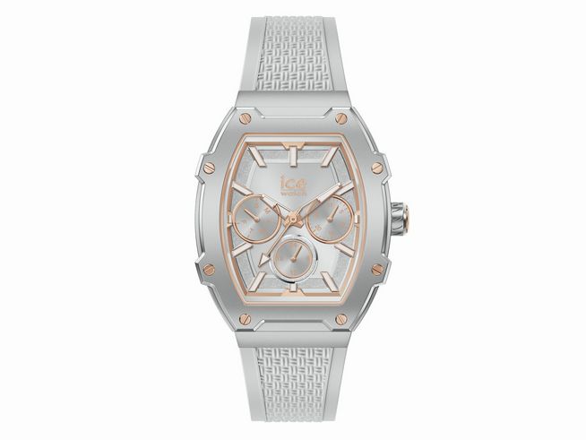Die Ice Watch Uhr 022862 ICE boliday Grey Shades Small präsentiert ein elegantes Design mit einem silbernen Gehäuse und roségoldenen Akzenten sowie einem strukturierten grauen Armband.