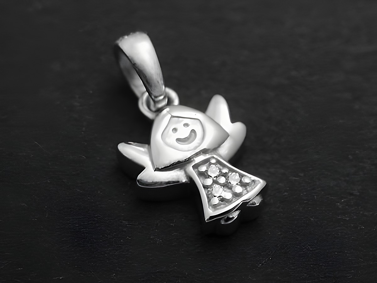 Engel-Anhänger aus rhodiniertem Sterling Silber, strahlend weiß mit Zirkonia, designet für Kinder, Hersteller Juwelier Harnisch.