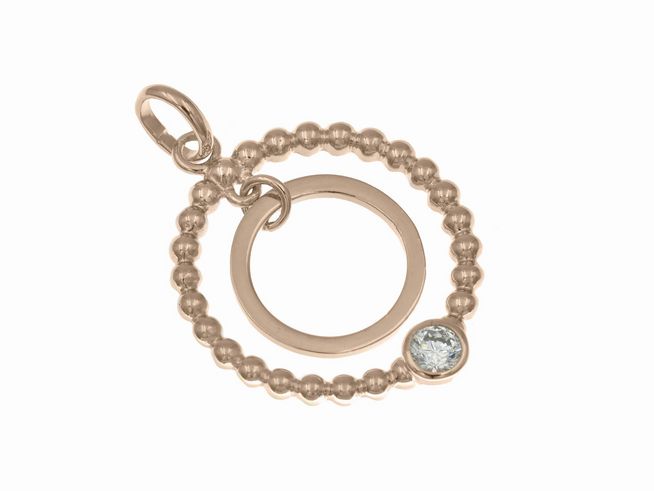 Duo Ringe aus Sterling Silber mit Roségold Vergoldung, ein hängender Anhänger mit zwei Ringen und einem kleinen Stein, gestaltet von Juwelier Harnisch, ideal für diverse Motive.