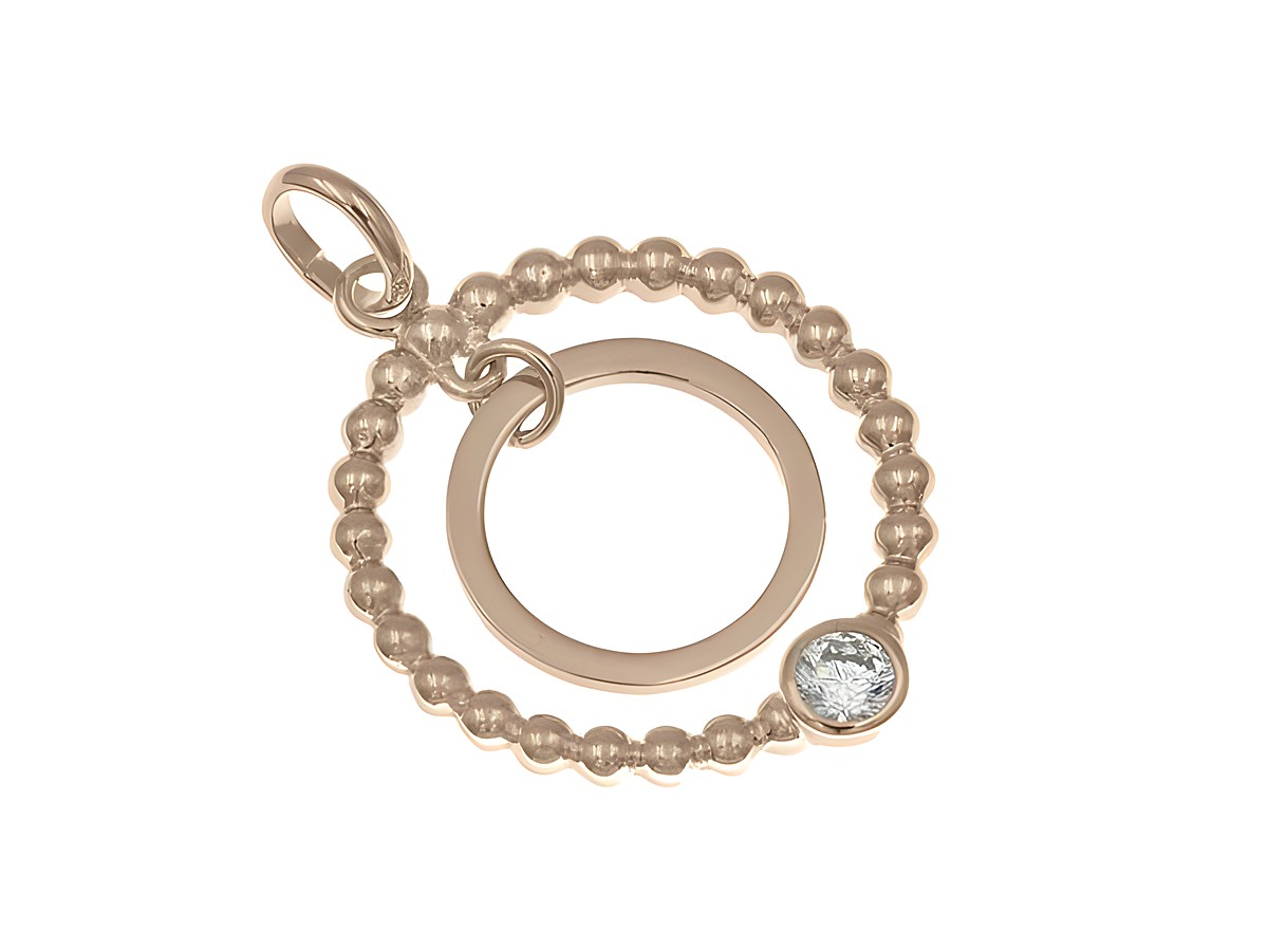 Duo Ringe aus Sterling Silber mit Roségold Vergoldung, ein hängender Anhänger mit zwei Ringen und einem kleinen Stein, gestaltet von Juwelier Harnisch, ideal für diverse Motive.