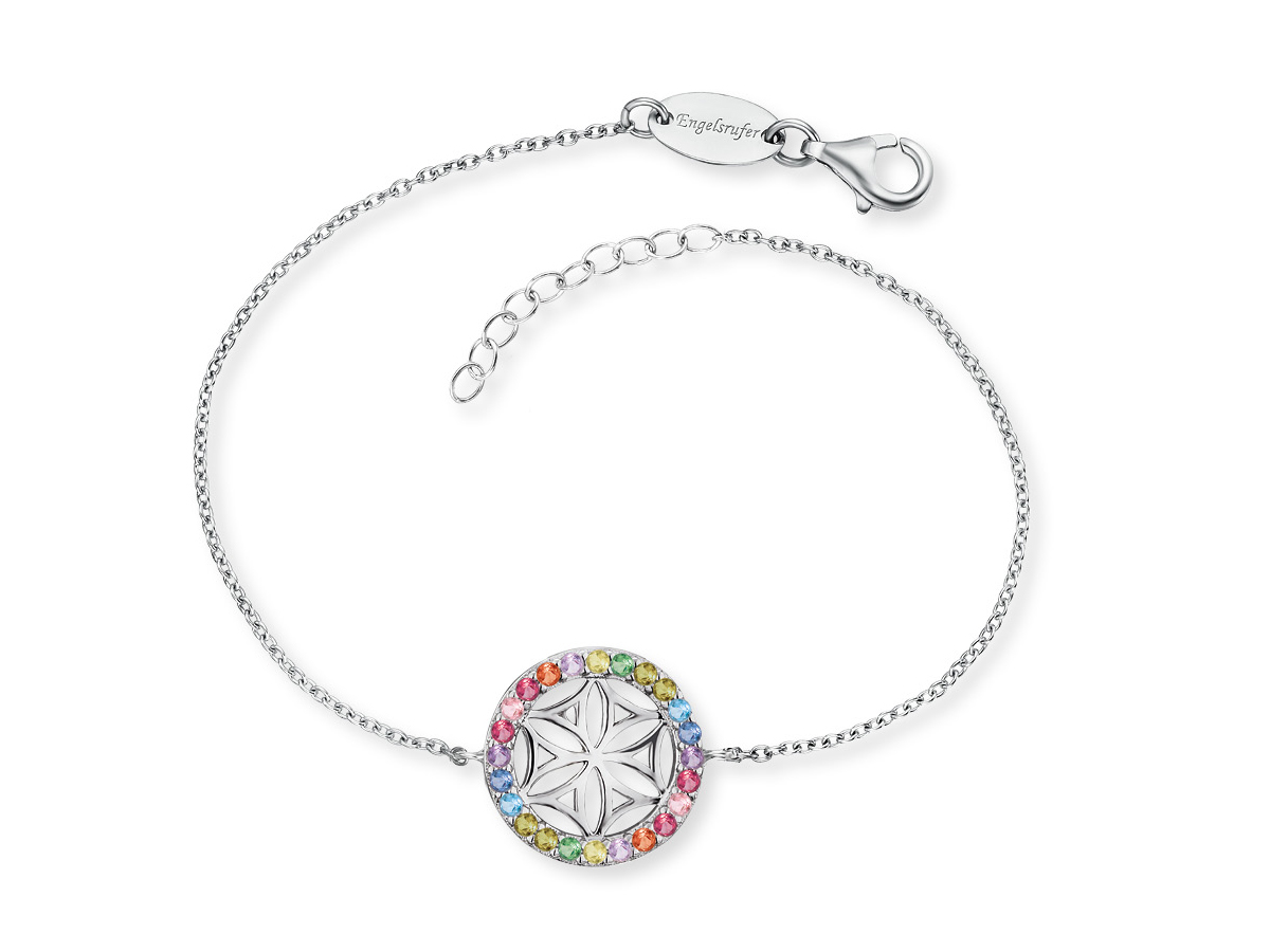 Engelsrufer ERB-LILLIFL-ZIM Armband aus rhodiniertem Silber mit Lebensblume und multicolor Zirkonia-Steinen, Länge 17 cm, zierlicher Anhänger und Karabinerverschluss.