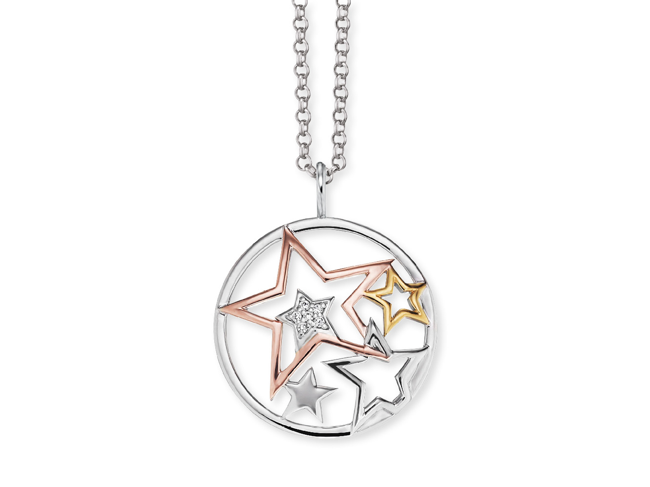 Die Kette von Engelsrufer zeigt einen Anhänger mit tricolor Sternen aus Roségold, Gelbgold und rhodiniertem Silber, kombiniert in einem eleganten Design, ideal als Schmuckstück.