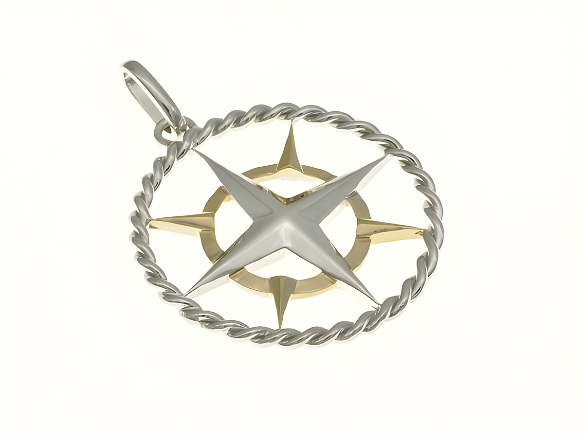 Ein eleganter Kompass Anhänger aus rhodiniertem Sterling Silber mit bicolor vergoldeten Akzenten, ideal für maritime und seefahrtsbegeisterte Schmuckliebhaber, Hersteller Juwelier Harnisch.