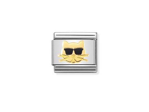 Katze mit Brille in Gold und Emaille auf einer silbernen Oberfläche, von Nomination, geeignet für Schmuckliebhaber, verleiht persönlichem Stil.