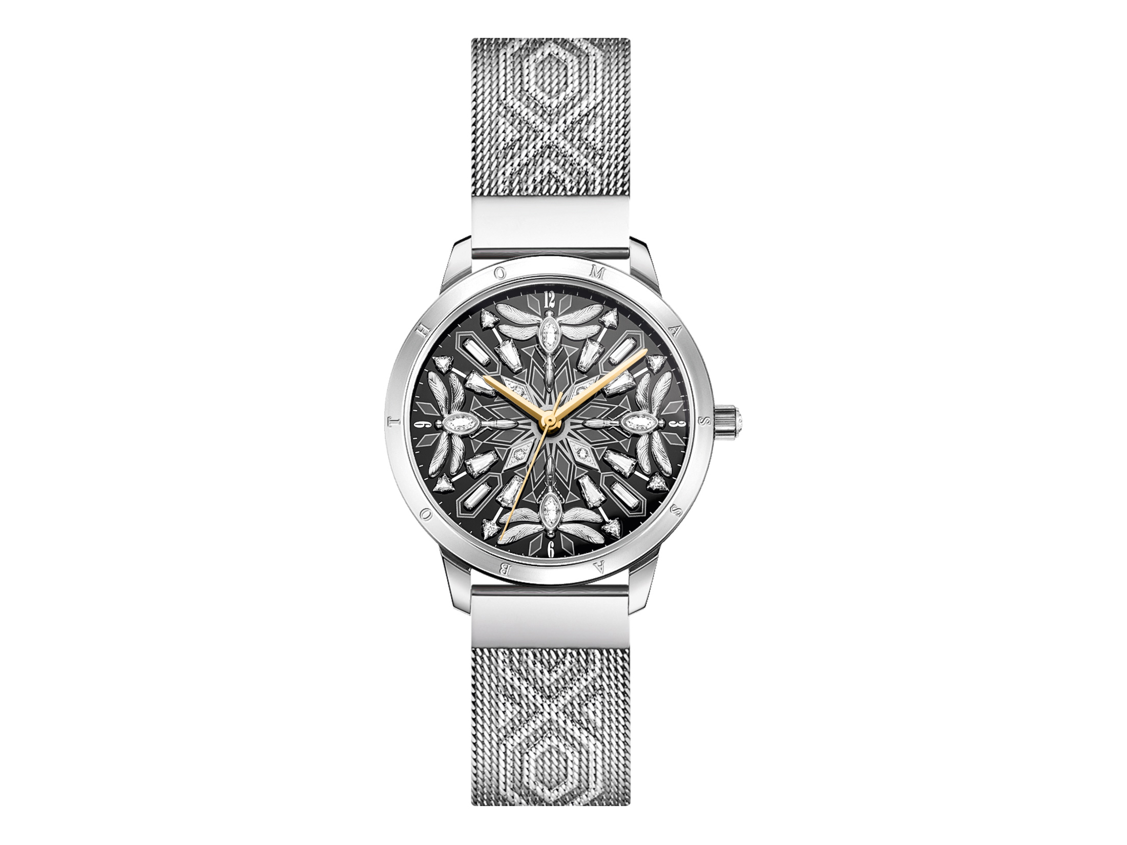 Elegante Thomas Sabo Damenuhr WA0423-201-201 mit schwarzem Ziffernblatt, floralem Design und goldenem Zeiger, ergänzt durch ein silbernes Mesh-Armband, ideal für stilvolle Auftritte.