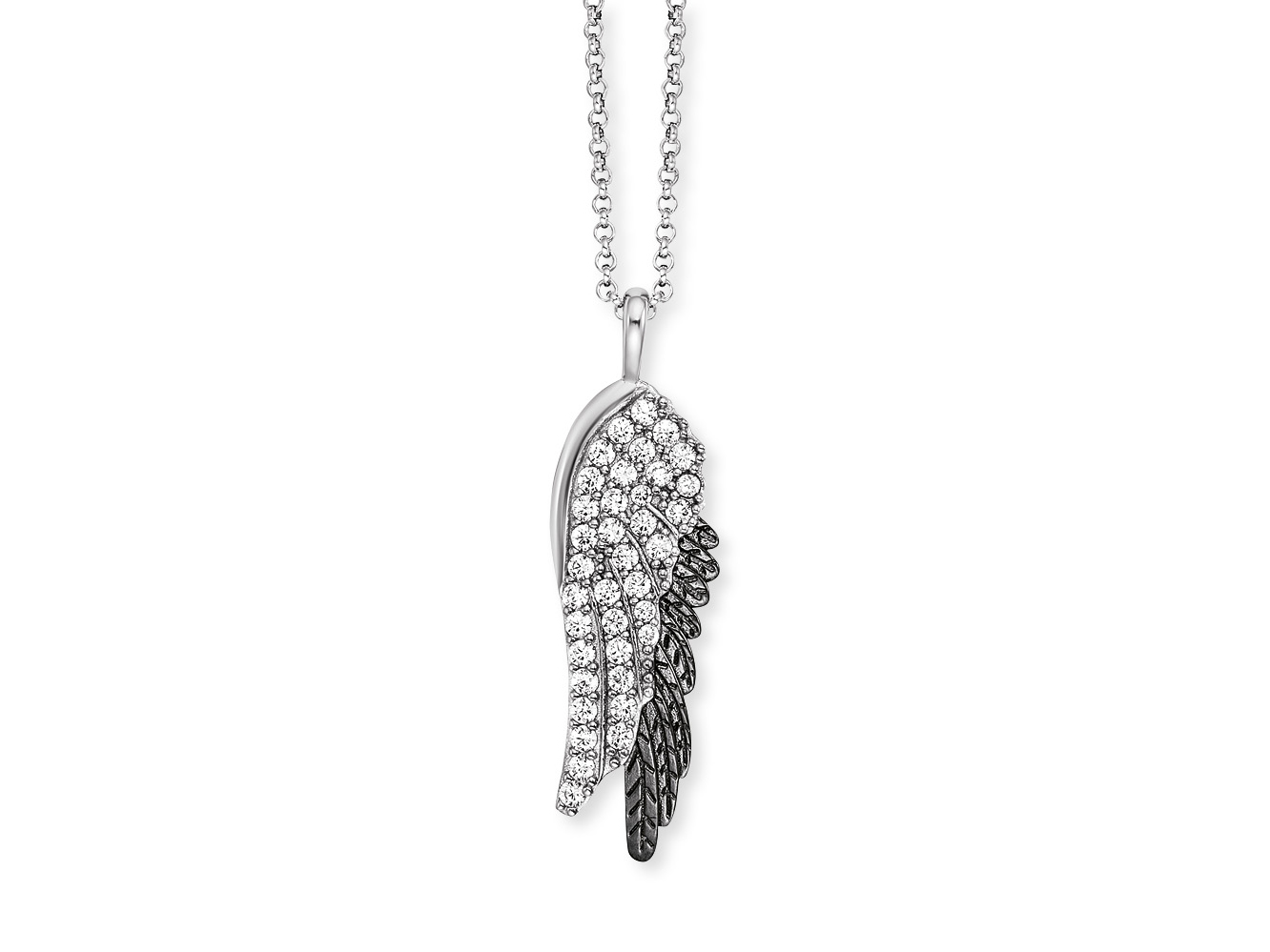 Silberne Kette mit einem bicolor Flügelanhänger, verziert mit Zirkonia, gefertigt von Engelsrufer. Länge der Kette beträgt 42 cm.