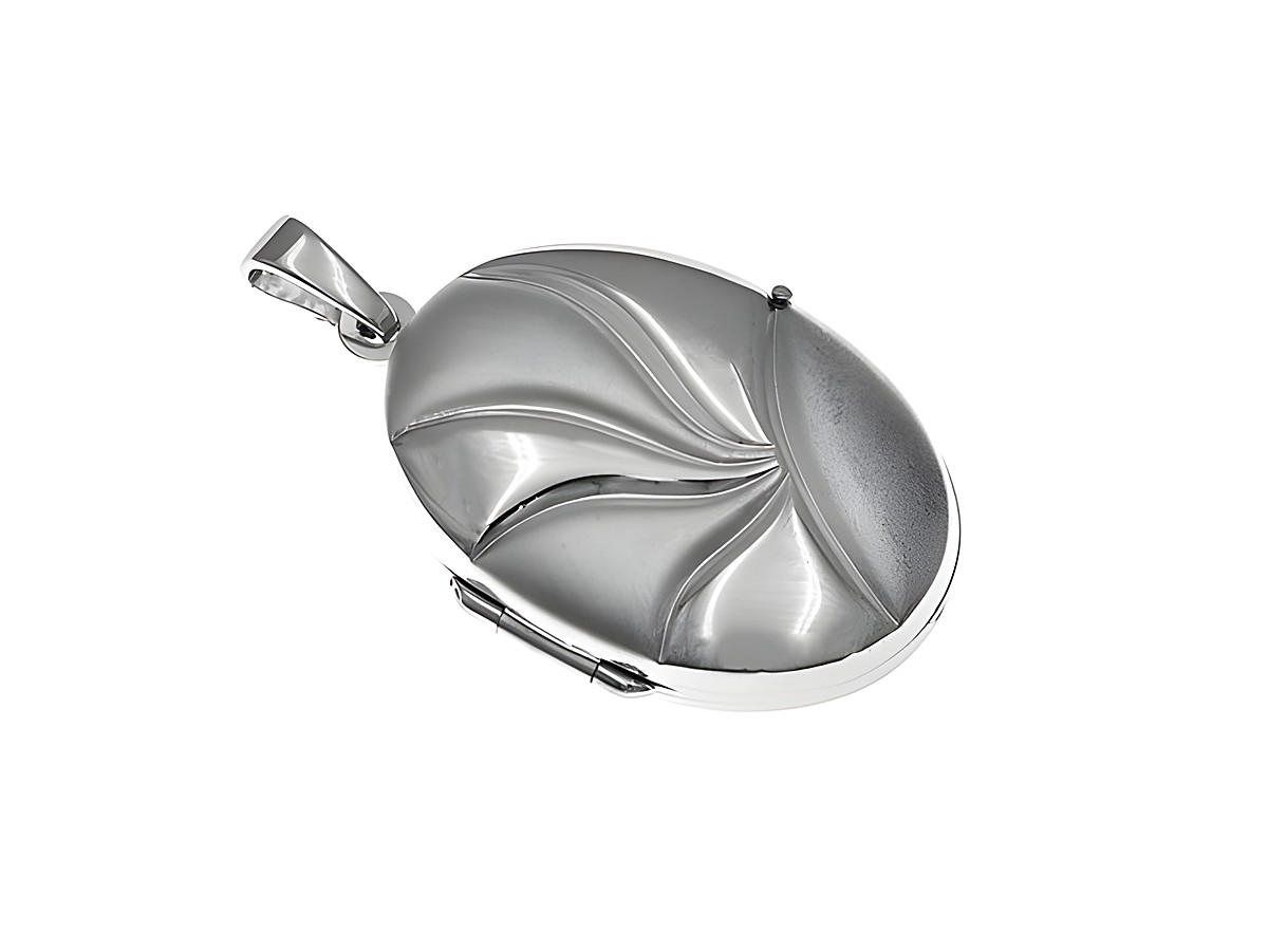 Medaillon im ovalen Design aus Sterling Silber rhodiniert, geprägt mit eleganten Linien und einer schimmernden Oberfläche, Hersteller Juwelier Harnisch.