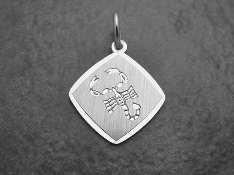 Anhänger mit dem Sternzeichen Skorpion aus rhodiniertem Sterling Silber, mit eleganter Gravur des Skorpions auf einer quadratischen Platte, ideal als persönliches Schmuckstück.