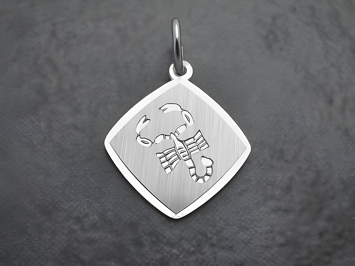 Anhänger mit dem Sternzeichen Skorpion aus rhodiniertem Sterling Silber, mit eleganter Gravur des Skorpions auf einer quadratischen Platte, ideal als persönliches Schmuckstück.