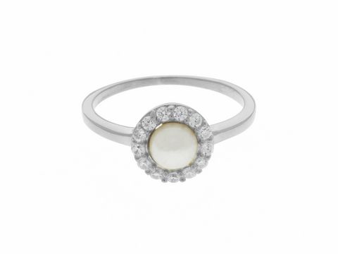Klassischer Ring aus rhodiniertem Silber mit einer zentralen Perle, umgeben von funkelnden Zirkonia, Größe 52, Hersteller Juwelier Harnisch.