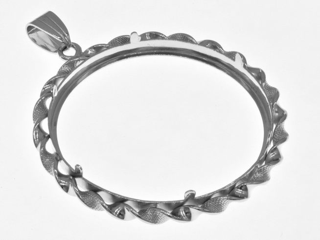 Münzfassung Anhänger aus 925 Sterling Silber rhodiniert mit einer maximalen Münzgröße von 38 mm Durchmesser, dekorative Kordel, geeignet für Münzen bis 4 cm. Hersteller Juwelier Harnisch.