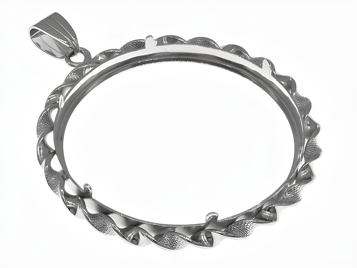 Münzfassung Anhänger aus 925 Sterling Silber rhodiniert mit einer maximalen Münzgröße von 38 mm Durchmesser, dekorative Kordel, geeignet für Münzen bis 4 cm. Hersteller Juwelier Harnisch. – Ansicht 3