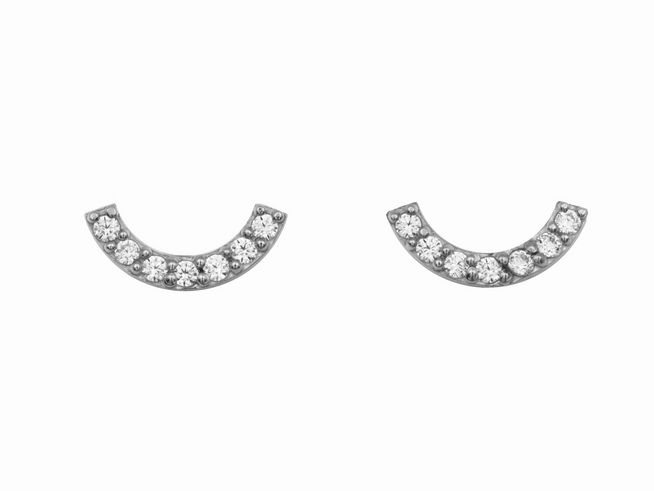 Ohrringe in Halbkreisform aus rhodiniertem Sterling Silber mit Zirkonia-Steinen, hergestellt von Juwelier Harnisch, elegant und funkelnd im Design.