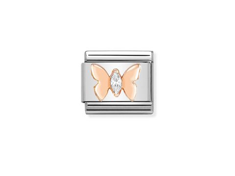 Roségoldener Schmetterling aus der NOMINATION Classic Kollektion 430305 19, verziert mit einem funkelnden Stein, fest eingebettet in einer silbernen Metallfassung.