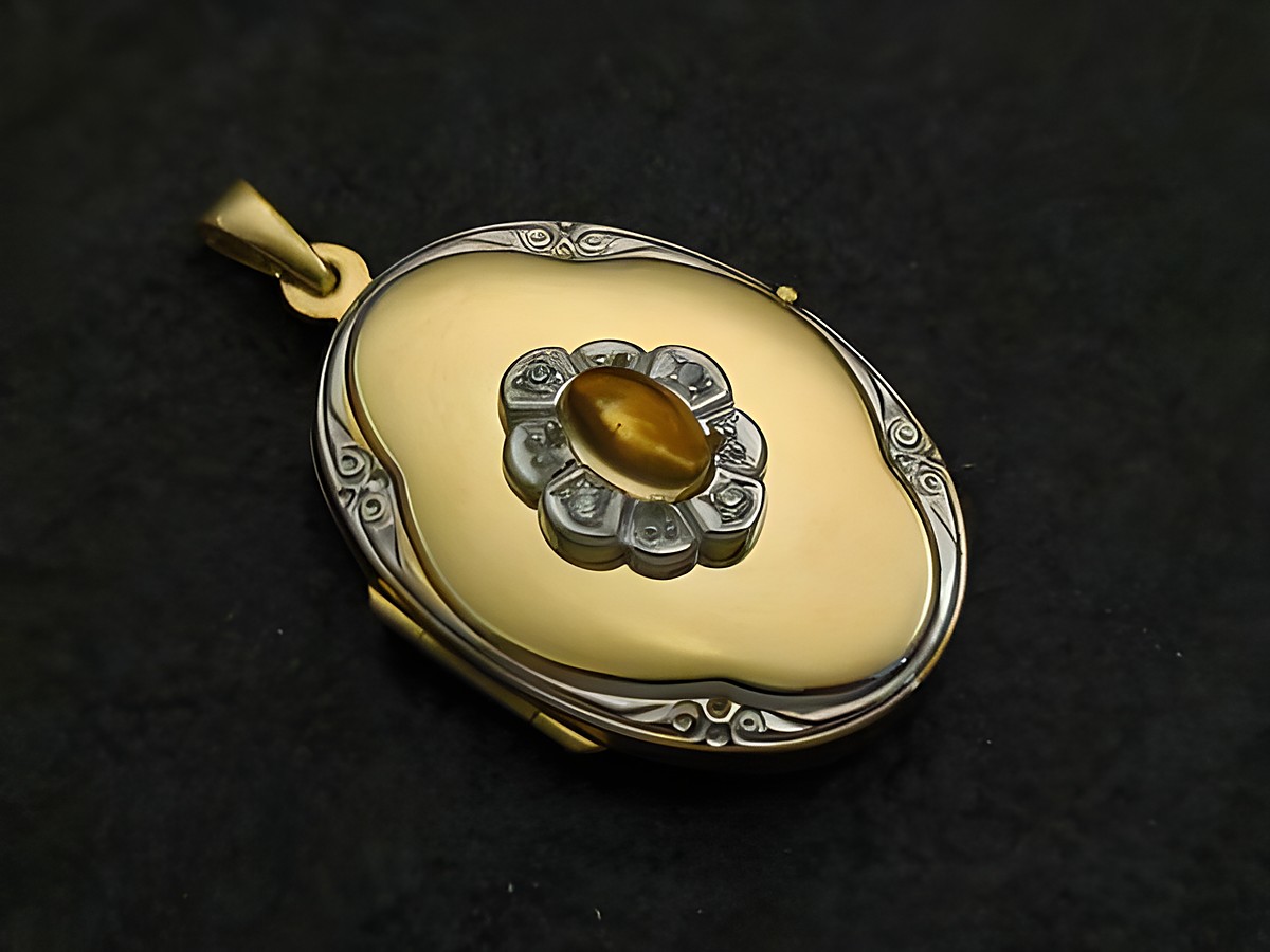 Citrin gelb Medaillon Cabochon aus Gold 333 bicolor, gefertigt von Juwelier Harnisch, mit floralem Design und funkelnden Details. Ein elegantes Schmuckstück für besondere Anlässe.