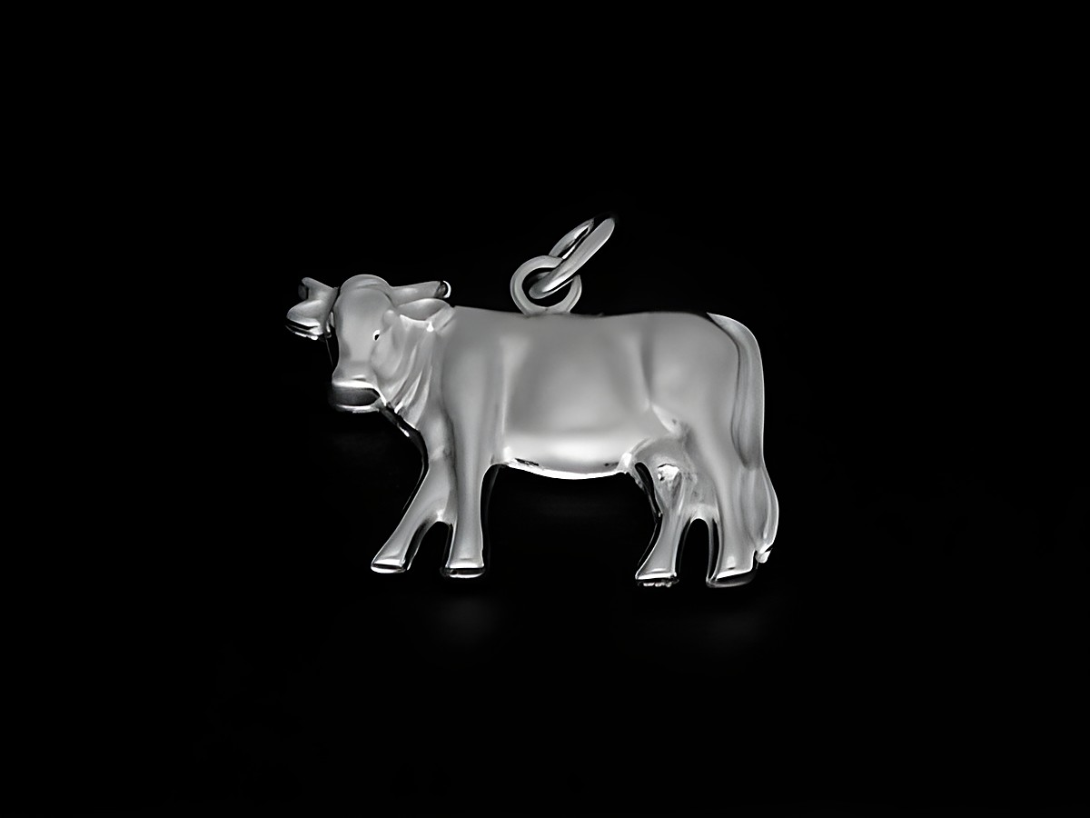 Kuh Anhänger aus silber rhodiniertem Material, plastisch gestaltet, Hersteller Juwelier Harnisch, ideal für Tierliebhaber.