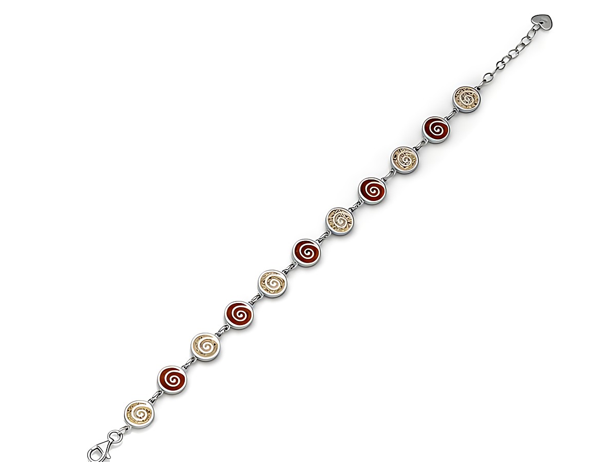 Sterling Silber Armband mit spiralförmigen Elementen in Rot und Beige, kombiniert mit Strandsand und Bernstein, 16,5 cm lang, Hersteller DUR, elegantes Design für jeden Anlass.