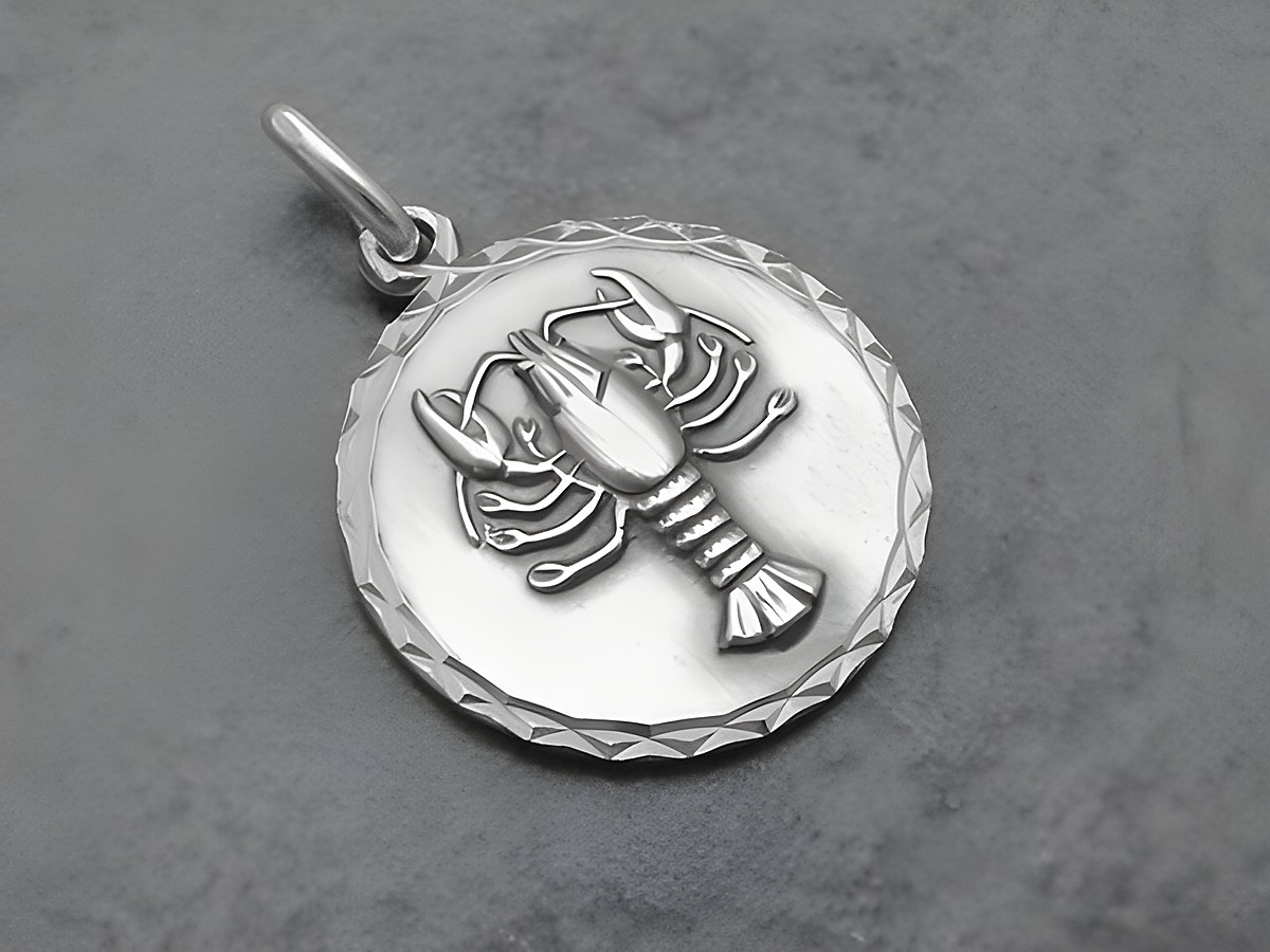 Silber geschwärzt Anhänger Sternzeichen Krebs rund, Hersteller Juwelier Harnisch, zeigt detaillierte Krebsdarstellung, ideal für astrologische Schmuckliebhaber.