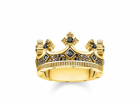 Herrenring von Thomas Sabo in Silber und Gelbgold mit schwarzem Design, Gr. 62, im Stil einer Krone mit edlen Verzierungen und hochwertigen Details.