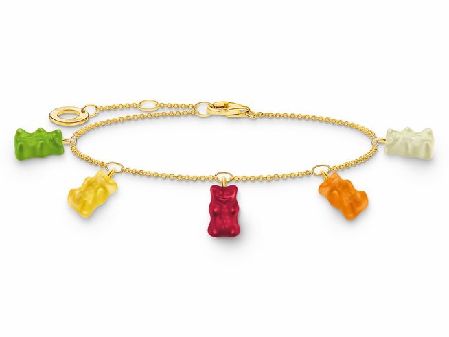 Armband von Thomas Sabo mit HARIBO Gummibärchen in verschiedenen Farben, Goldbär aus vergoldetem Silber, verstellbar von 16 bis 19 cm, verspielt und farbenfroh.