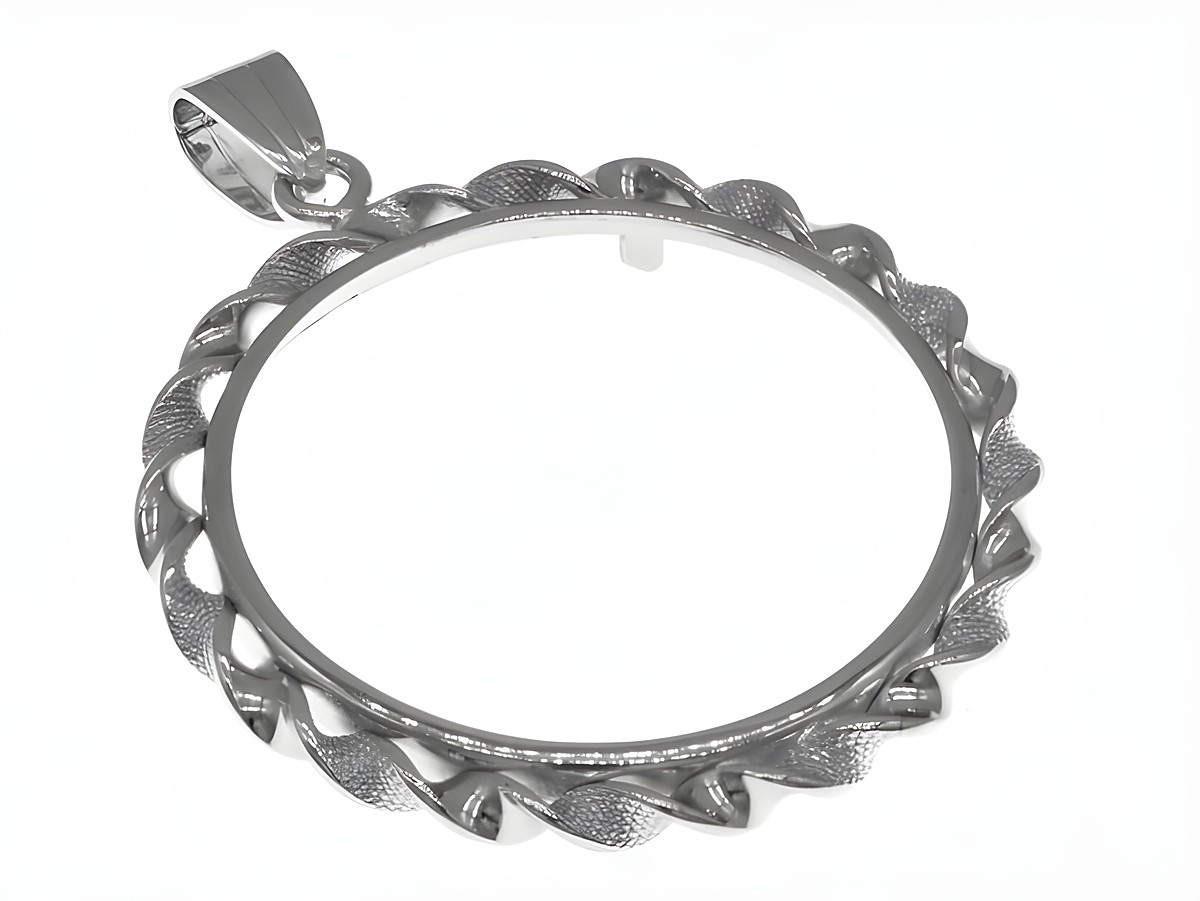 Münzfassung Anhänger aus rhodiniertem 925 Sterling Silber mit Kordel, geeignet für Münzen bis 32 mm Durchmesser, Hersteller Juwelier Harnisch. Ideal für Münzen bis 3,5 cm.