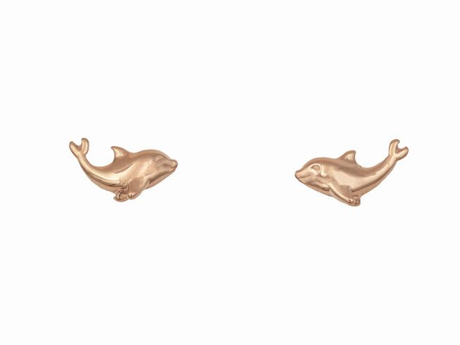 Ohrringe in Form von Delfinen aus roségold vergoldetem Sterling Silber, ideal für Kinder, vom Hersteller Juwelier Harnisch, niedliches Design für kleine Ohrlöcher.