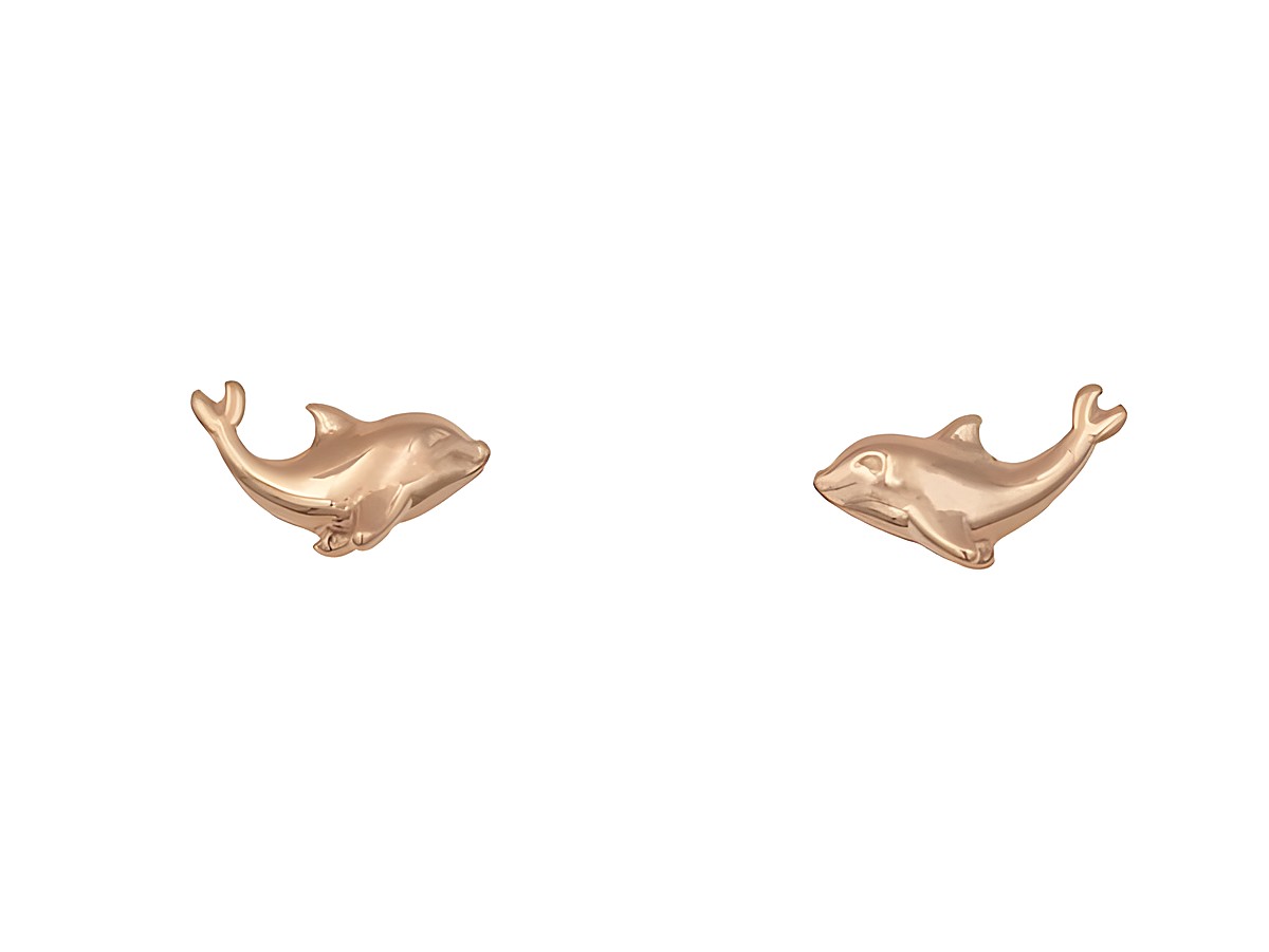 Ohrringe in Form von Delfinen aus roségold vergoldetem Sterling Silber, ideal für Kinder, vom Hersteller Juwelier Harnisch, niedliches Design für kleine Ohrlöcher.