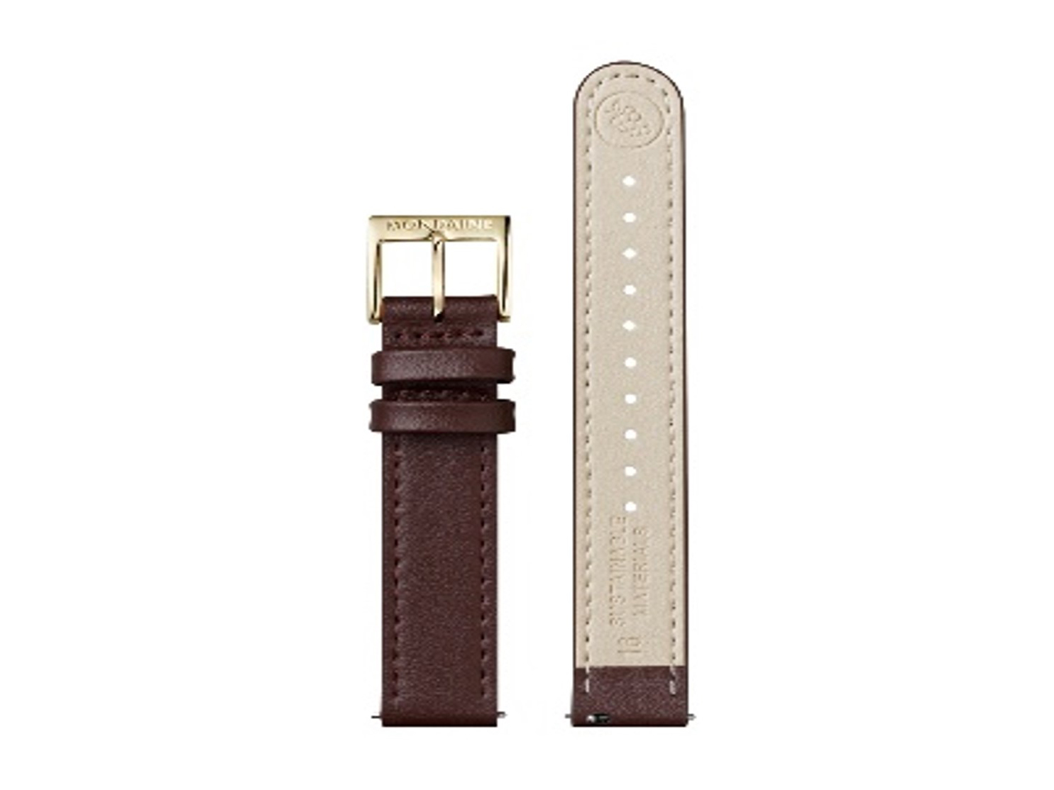 Mondaine Uhr Lederarmband FGM.3116.72R.K aus veganem Traubenleder in Braun mit 16 mm Breite, ausgestattet mit einer goldfarbenen Schließe und verstellbaren Löchern für optimalen Tragekomfort.
