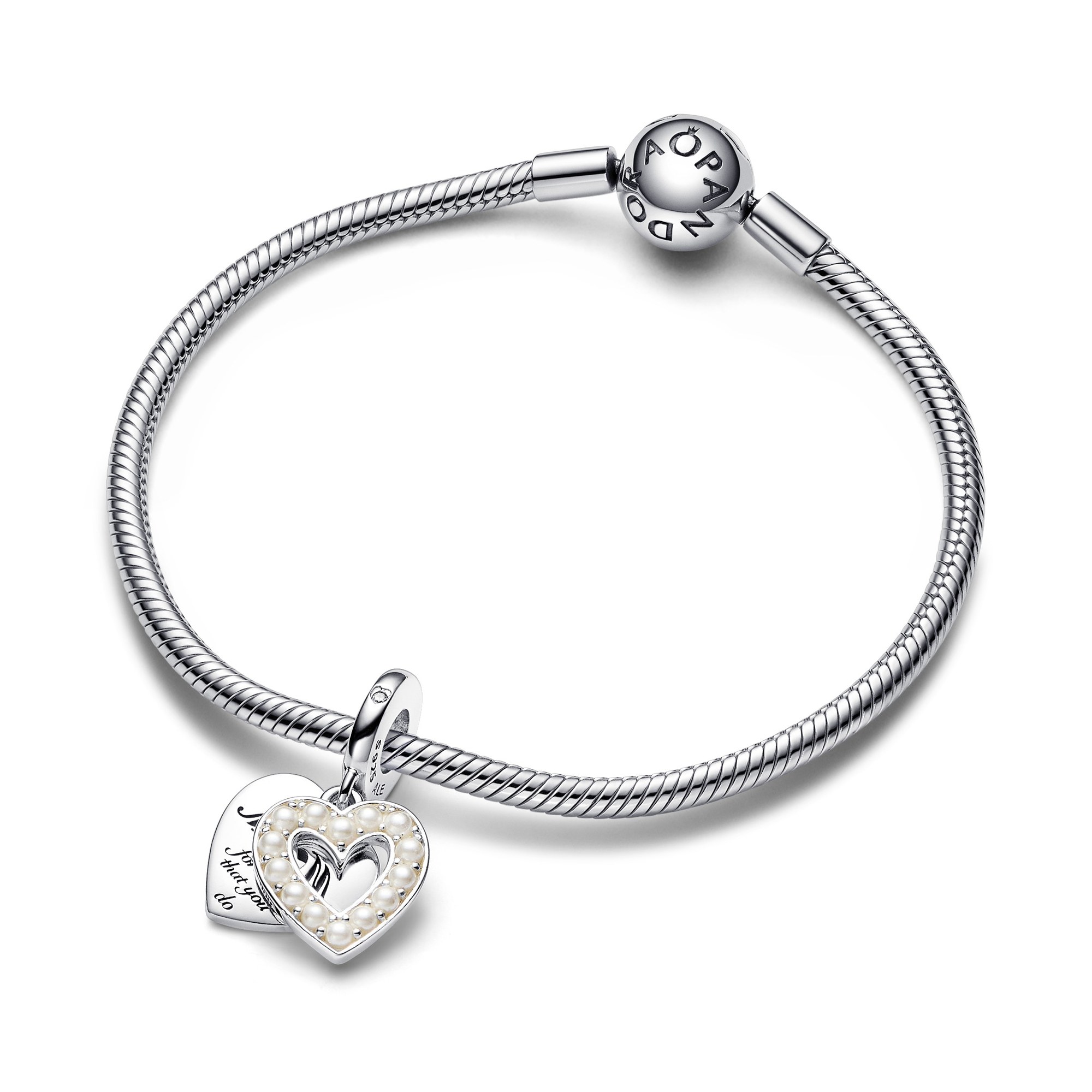 Pandora Perlmuttweißes Herz Doppelter Charm-Anhänger - Sterling Silber Ansicht 3 – Ansicht 3