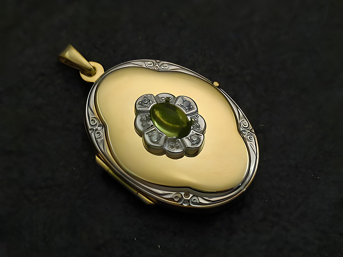 Medaillon in bicolor Gold 333 mit ovalem Peridot in der Mitte, umrandet von elegantem Design in Silber, hergestellt vom Juwelier Harnisch. Ideal als Schmuckstück für besondere Anlässe.